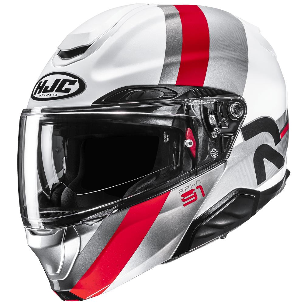 White motorcycle helmet with red and black stripes on a transparent background