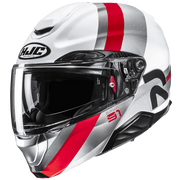 White motorcycle helmet with red and black stripes on a transparent background