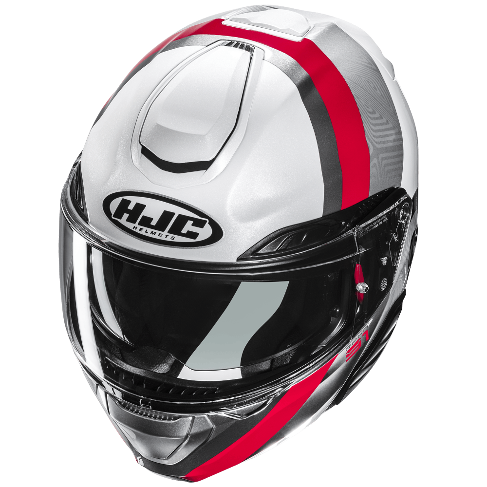 A white HJC Silver full-face motorcycle helmet with a clear visor, featuring red and gray graphic stripes on a clean white background.