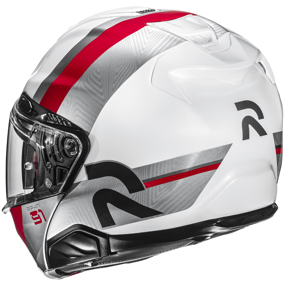 A white full-face motorcycle helmet with a metallic silver and red graphic design, featuring a clear visor and black logo details, shown on a solid white background.