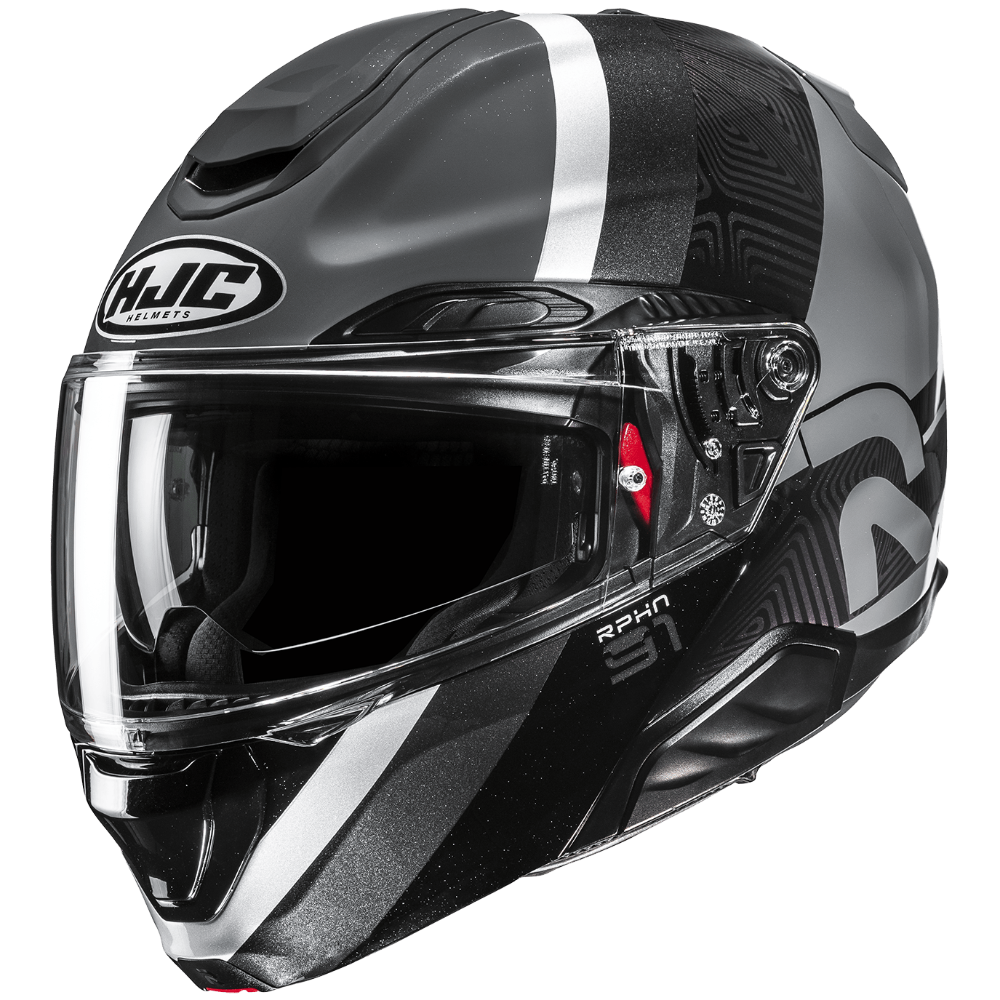 Black and gray motorcycle helmet with clear visor on a transparent background