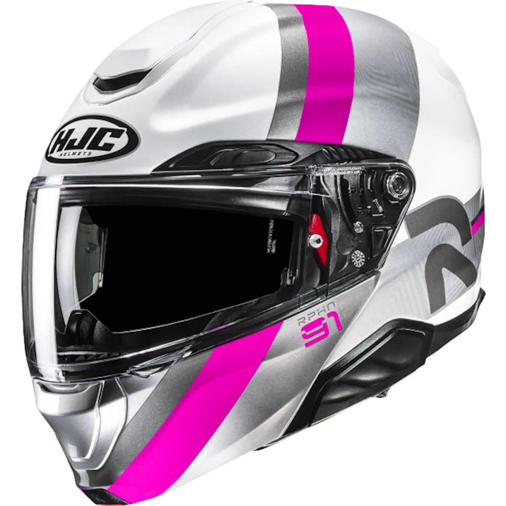 HJC motorcycle helmet with pink and gray design on a white background