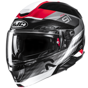 Black, red, and gray motorcycle helmet with HJC logo on a transparent background