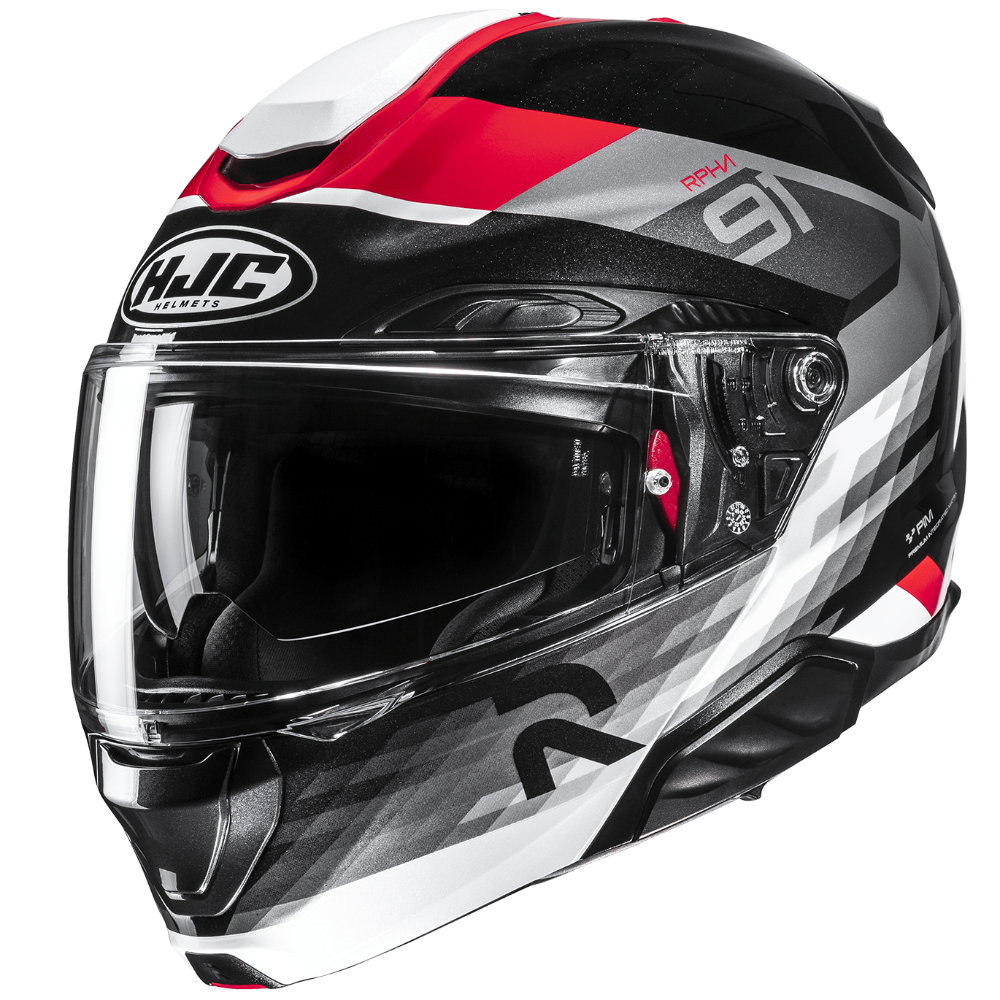 Black, red, and gray motorcycle helmet with HJC logo on a transparent background