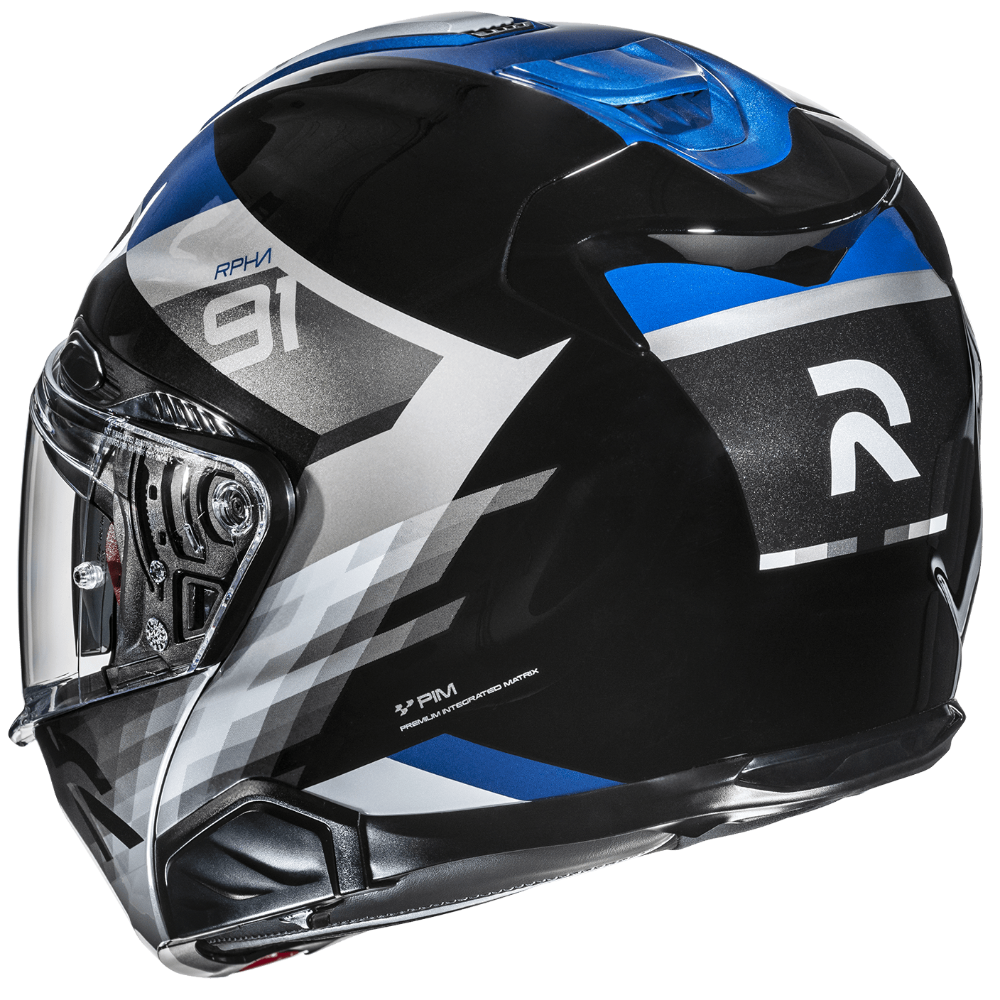 Motorcycle helmet with black, blue, and gray design on a transparent background