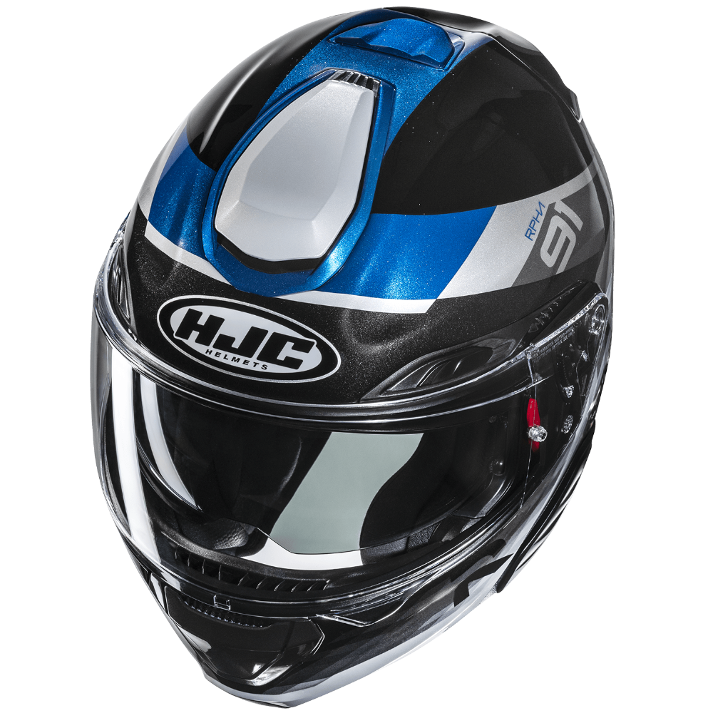 Black and blue motorcycle helmet with HJC logo on a transparent background