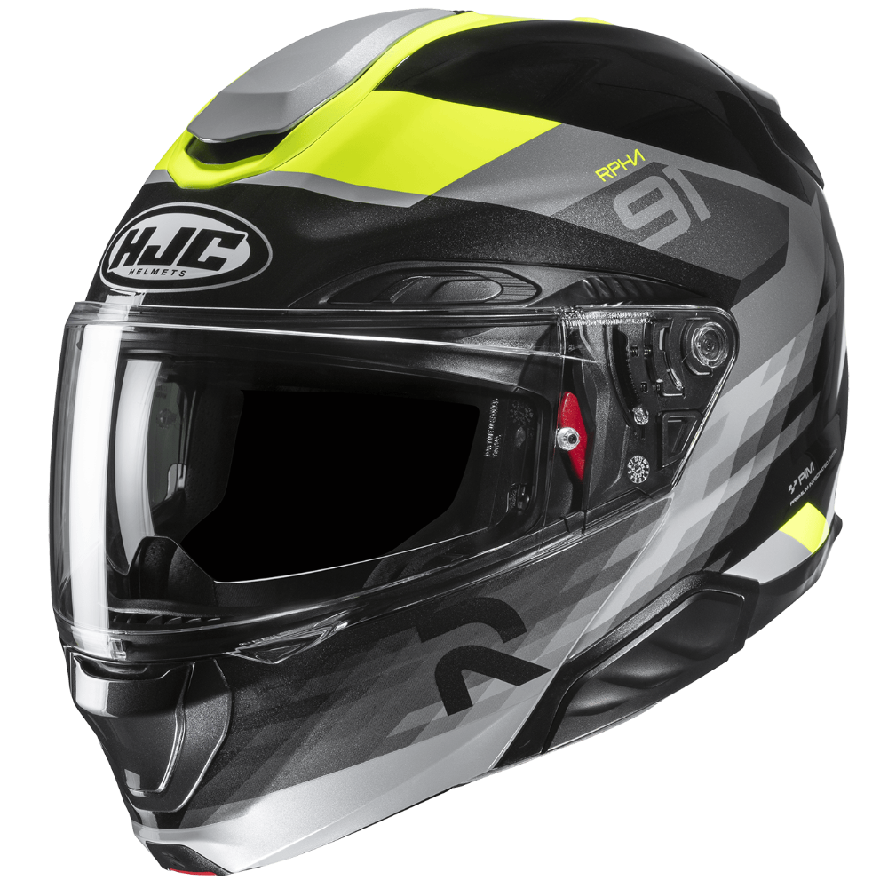 Black and gray motorcycle helmet with yellow accents on a transparent background