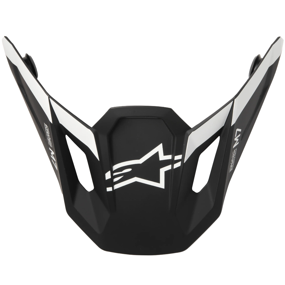 Alpinestars motorcycle helmet visor in matte black with white graphic accents and the brand's star logo on the front, set against a plain white background.