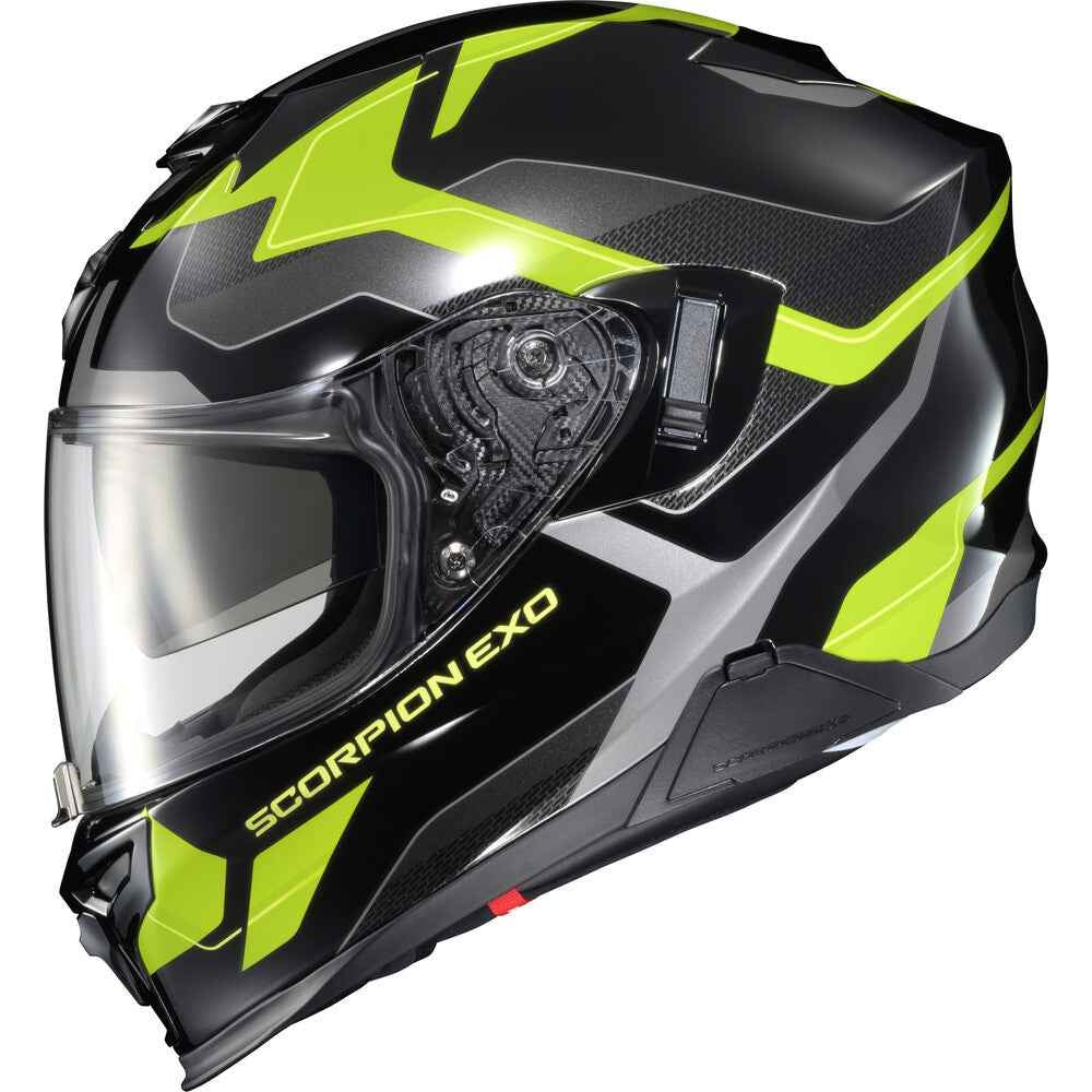 A full-face motorcycle helmet in glossy black with bright neon yellow-green graphic accents and a clear visor, shown on a plain white background. The side of the helmet reads 'SCORPION EXO'.