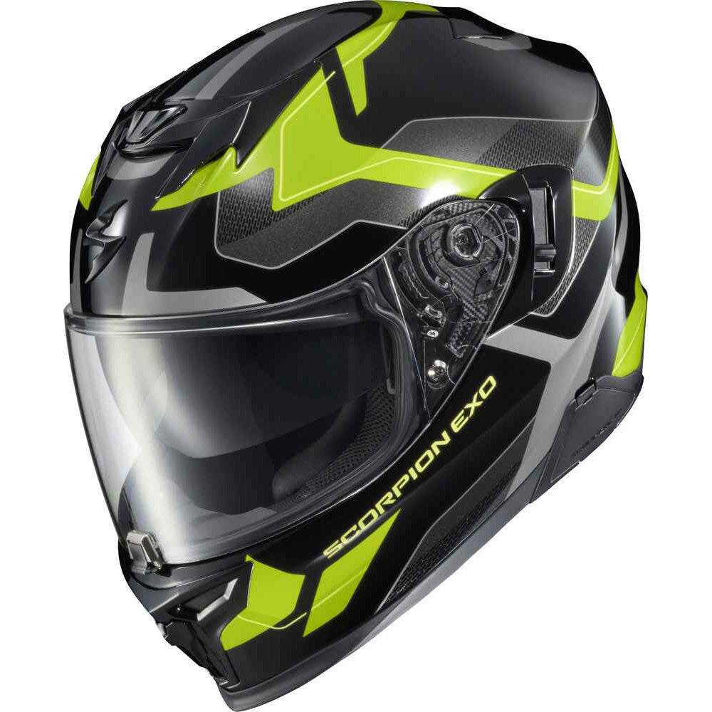 A full-face motorcycle helmet in glossy black with vibrant neon yellow-green graphic accents and a clear visor. The brand name 'SCORPION EXO' is printed in yellow-green on the lower side of the helmet.