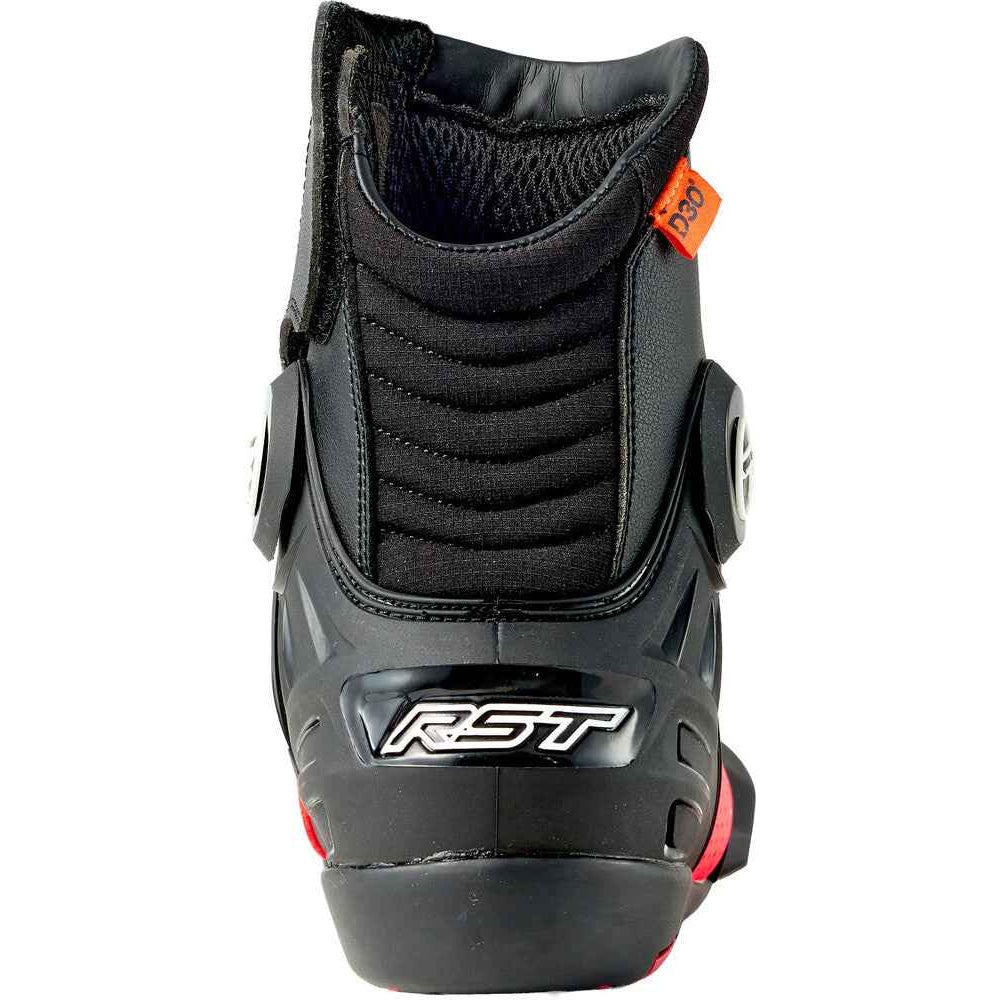 Black motorcycle boot with RST branding on a white background