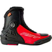 Red and black motorcycle boot with RST branding on a white background