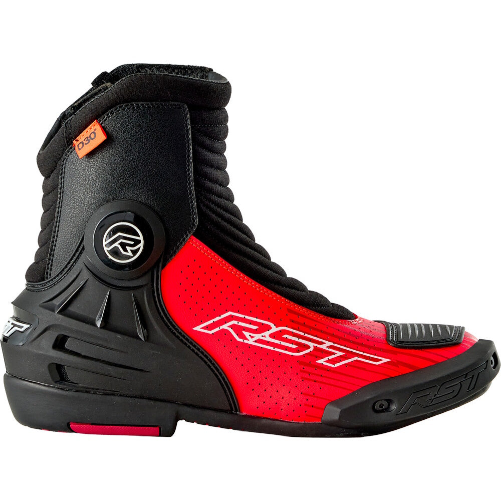 Red and black motorcycle boot with RST branding on a white background