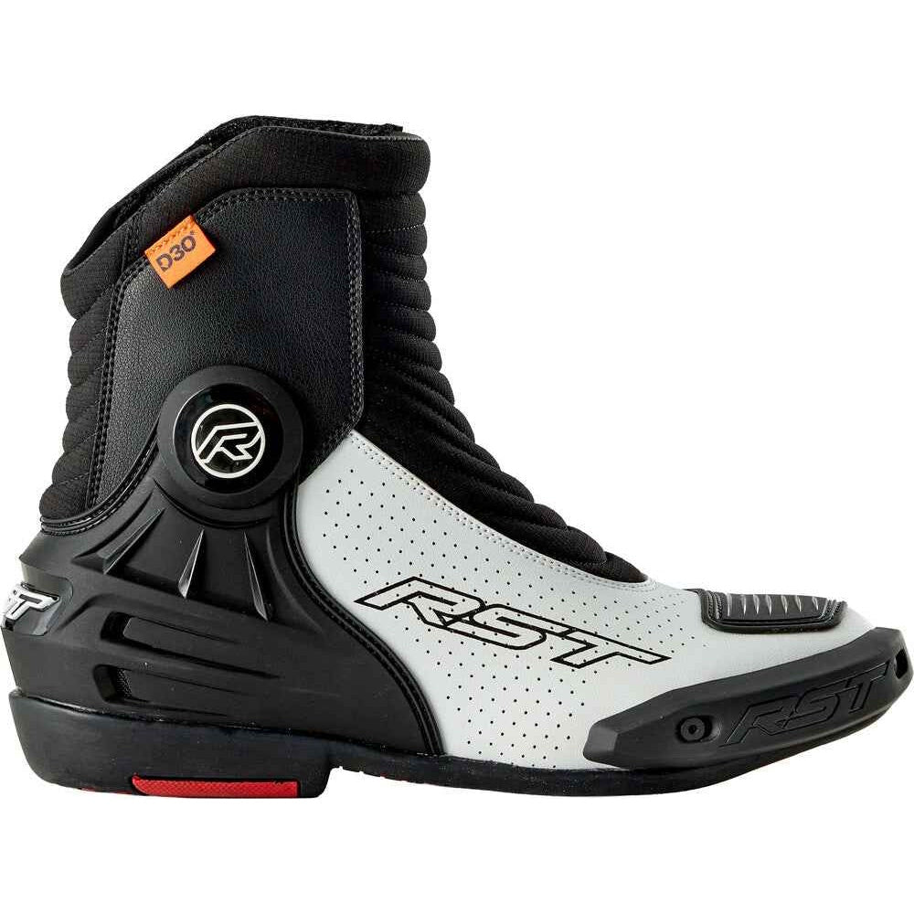 Black and white motorcycle boot with RST branding on a white background