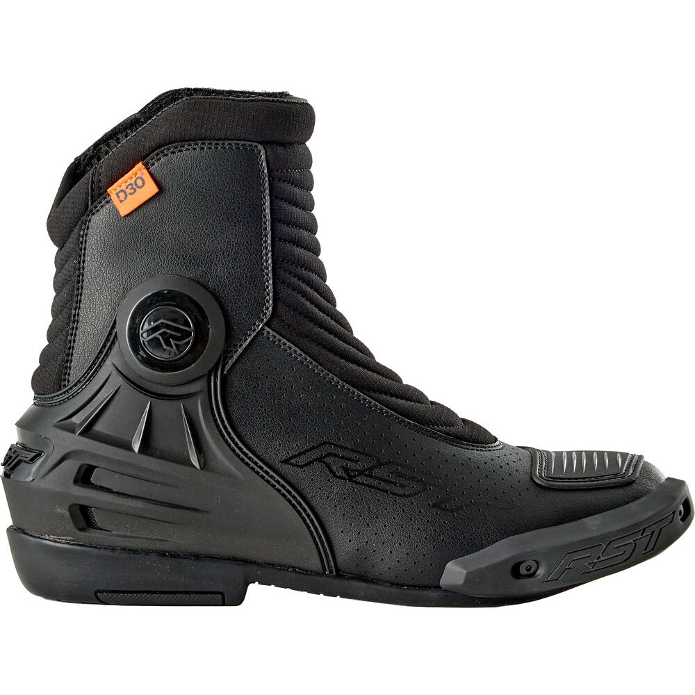 Black motorcycle boot with RST branding on a white background